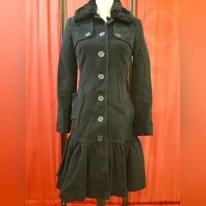 Helene Berman London long black coat jacket w/ faux fur collar Size S